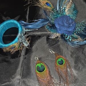 Peacock Feather Hair Clip, Earrings And Bracelet Set